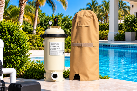 FilterFit cover with Velcro tie for Pentair Clean & Clear RP CCRP-100 beside a swimming pool