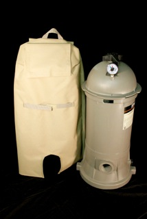 FilterFit pool filter cover shown beside a pool filter