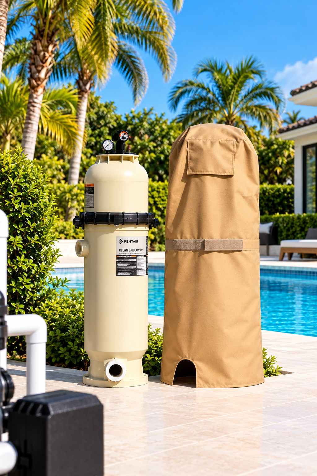 FilterFit cover with Velcro tie for Pentair Clean & Clear RP CCRP-150 and CCRP-200 beside a swimming pool
