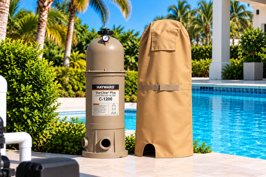 FilterFit cover with Velcro tie for Hayward StarClear Plus C-1200 beside a swimming pool