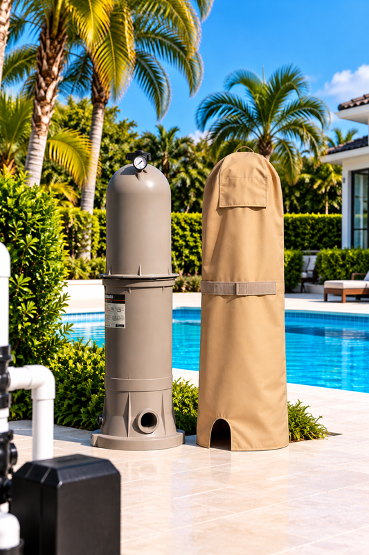 FilterFit cover with Velcro tie for Hayward StarClear Plus C-1750 beside a swimming pool