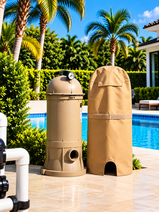 FilterFit tan cover with Velcro tie beside Hayward StarClear Plus C-900 by a swimming pool