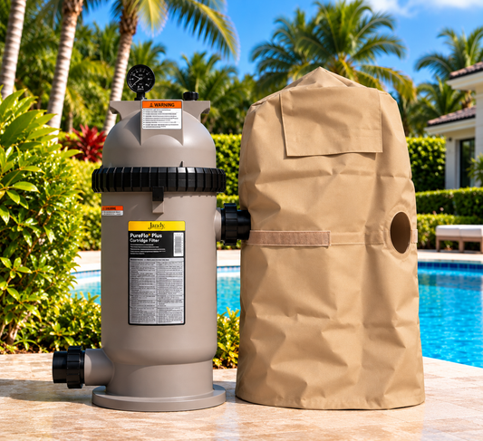 FilterFit cover with Velcro tie beside Jandy CS100 pool filter
