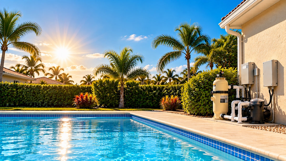 Sunny tropical swimming pool with connected pool filter equipment